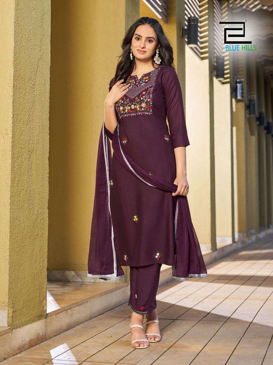 JANNAT RAYON 14 KG ZARI WITH MULTI COLOR THREAD WORK KURTI WITH PANT AND NAZMIN DUPATTA BY BLUE HILLS BRAND 1004